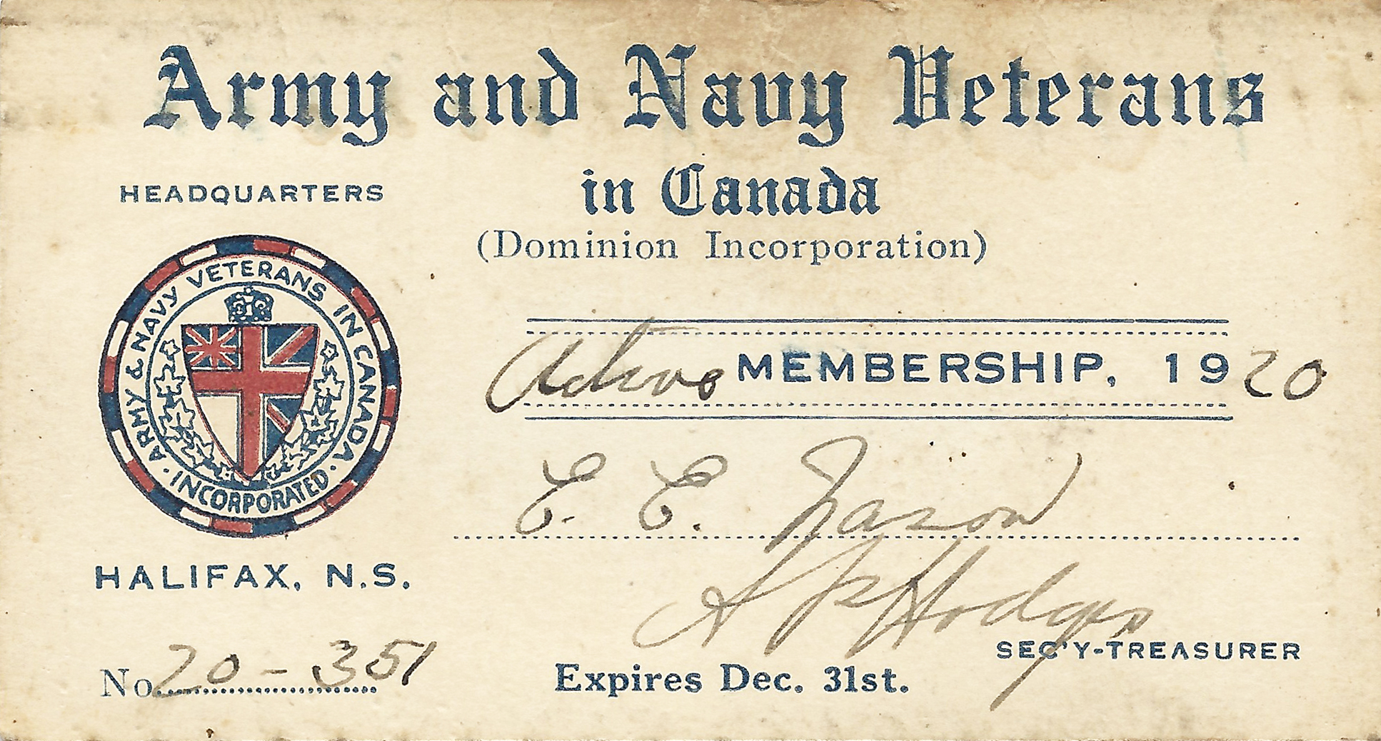 The Army And Navy Veterans In Canada Wartime Canada   ANVC Card 